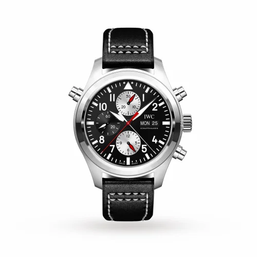 IWC Pilot's Watch Double Chronograph Stainless Steel / Black-Silver / Calf / Watches of Switzerland IW3718-13 (IW371813)
